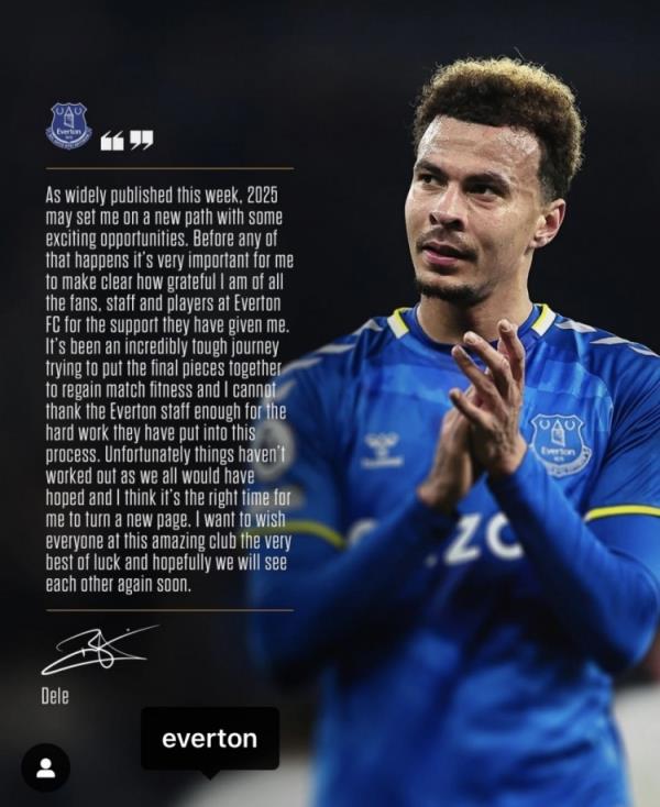 阿里告別埃弗頓：是時(shí)候開始新篇章了，感謝所有人對我的支持